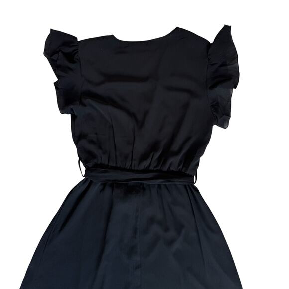 Fit  Flare Black Midi Dress Small Flutter Sleeve Mock Wrap Coquette Flirty Flowy - Picture 12 of 16